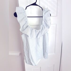 Club Monaco Feminine Blue and White Striped Ruffle Blouse